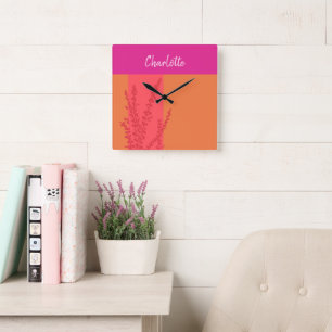 Hot Pink And Orange Greenery Leaves Personalised Square Wall Clock