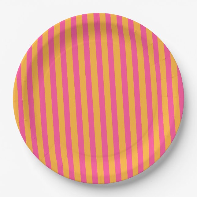 Hot Pink and Orange Striped Paper Plate (Front)