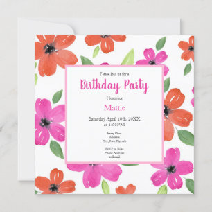 Hot Pink and Orange Watercolor Floral Motif Invitation