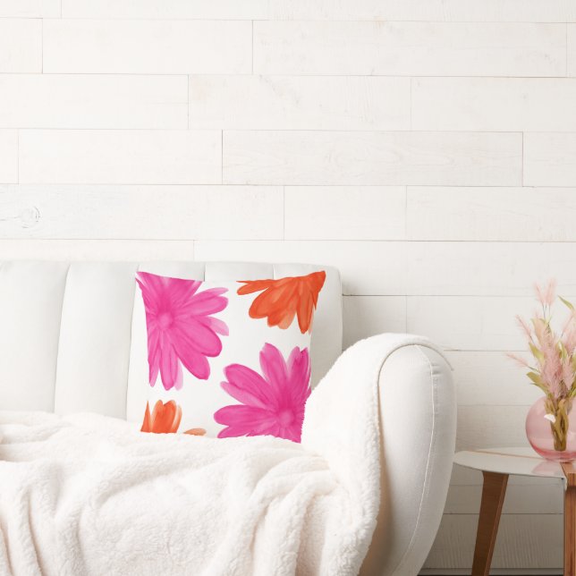 Hot Pink and Orange Watercolor Flowers Cushion (Couch)