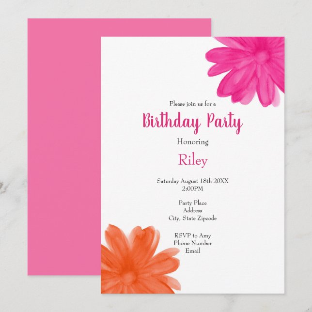 Hot Pink and Orange Watercolor Flowers Invitation (Front/Back)