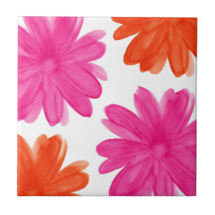 Hot Pink and Orange Watercolor Flowers Tile