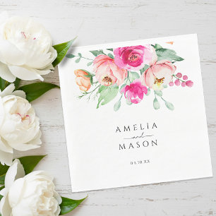 Hot Pink and Peach Floral Watercolor Wedding Napkin