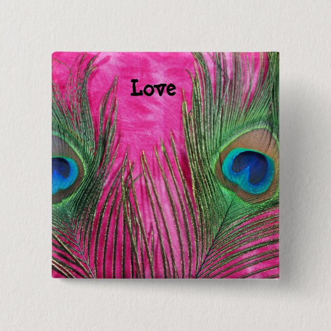 Hot Pink and Peacock Feathers 15 Cm Square Badge (Front)