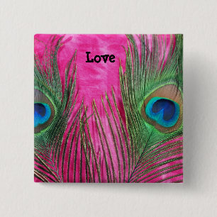 Hot Pink and Peacock Feathers 15 Cm Square Badge