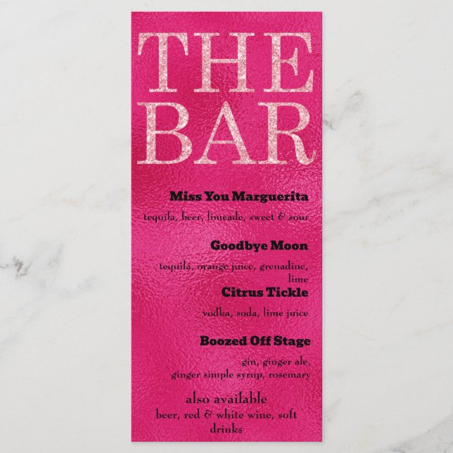 Hot Pink and Pink Glitter Drinks Menu for The Bar (Front)