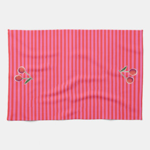 Hot Pink and Red Cherry Stripes Tea Towel
