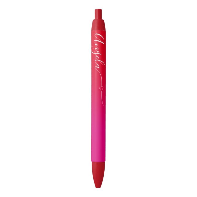 Hot Pink and Red Ombre Heart Signature Black Ink Pen (Front Vertical)