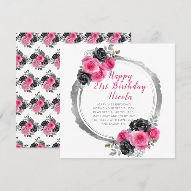 Hot Pink and Silver Elegant Flower Birthday  Card (Front/Back)