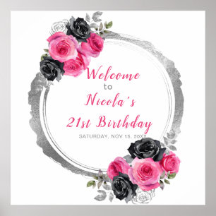 Hot Pink and Silver Elegant Flower Birthday Party Poster