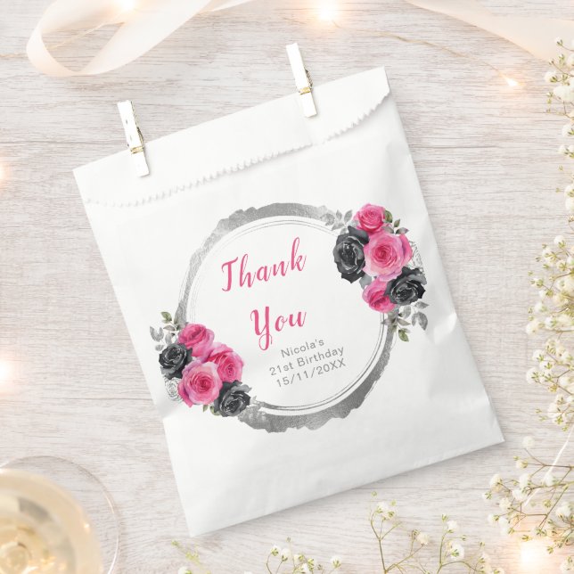 Hot Pink and Silver Elegant Flowers Birthday Party Favour Bags (Clipped)