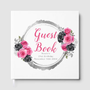 Hot Pink and Silver Elegant Flowers Birthday Party Guest Book