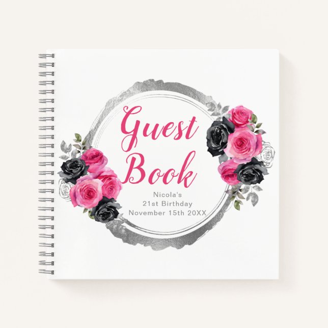 Hot Pink and Silver Elegant Flowers Birthday Party Notebook (Front)