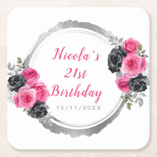Hot Pink and Silver Elegant Flowers Birthday Party Square Paper Coaster