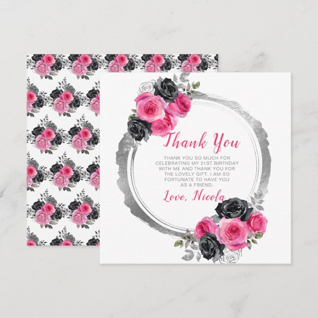 Hot Pink and Silver Elegant Flowers Birthday  Thank You Card (Front/Back)