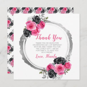 Hot Pink and Silver Elegant Flowers Birthday  Thank You Card