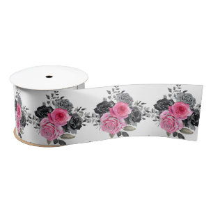 Hot Pink and Silver Elegant Flowers Satin Ribbon