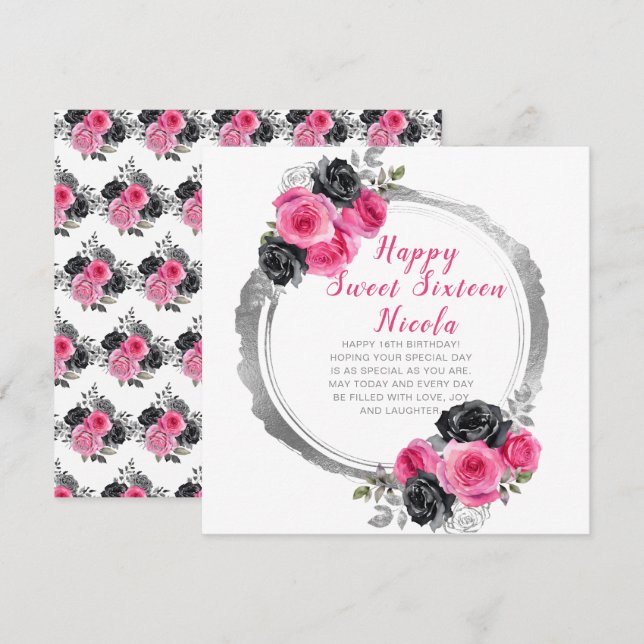 Hot Pink and Silver Elegant Flowers Sweet Sixteen Card (Front/Back)