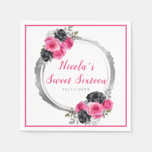 Hot Pink and Silver Elegant Flowers Sweet Sixteen Napkin