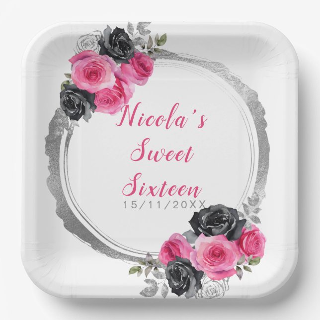 Hot Pink and Silver Elegant Flowers Sweet Sixteen Paper Plate (Front)