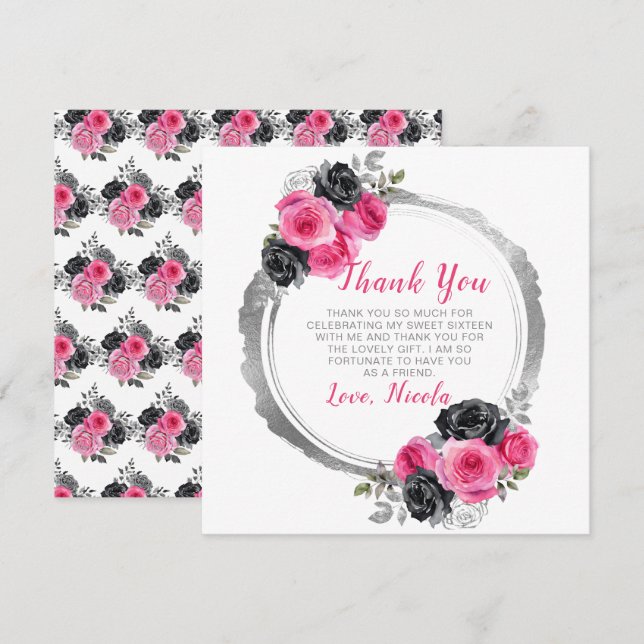 Hot Pink and Silver Elegant Flowers Sweet Sixteen Thank You Card (Front/Back)