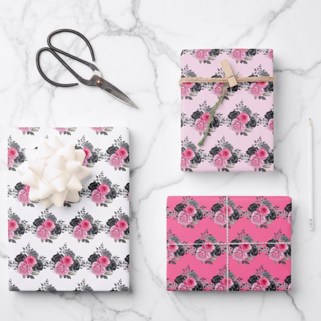 Hot Pink and Silver Elegant Flowers Wrapping Paper Sheet (Front)