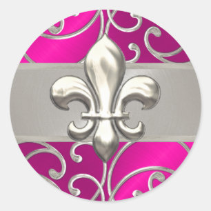 Hot Pink and Silver Filigree Swirls Fleur de Lis Classic Round Sticker