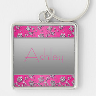 Hot Pink and Silver Floral Keychain with Name