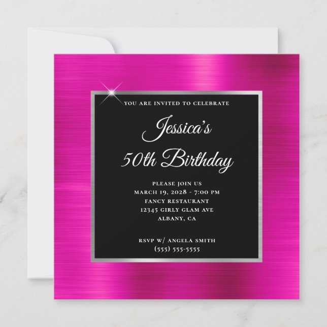 Hot Pink and Silver Foil Black 50th Birthday Invitation (Front)