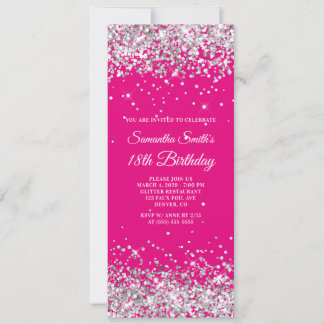 Hot Pink and Silver Glitter 18h Birthday Invitation