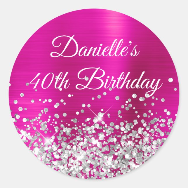 Hot Pink and Silver Glitter 40th Birthday Classic Round Sticker (Front)