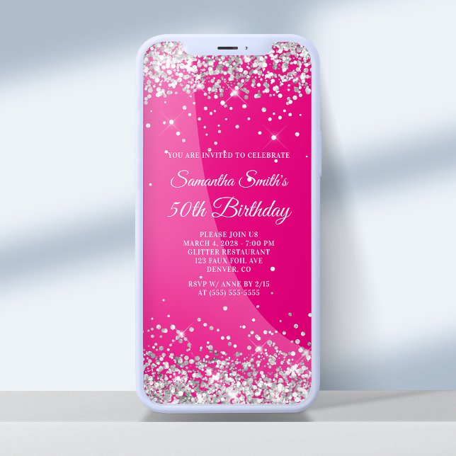 Hot Pink and Silver Glitter 50th Birthday Invitation (Creator Uploaded)