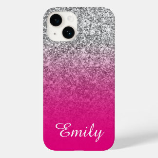 Hot Pink and Silver Glitter Ombre Personalised Case-Mate iPhone 14 Case