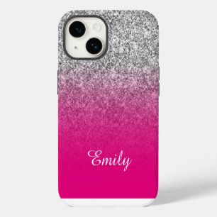 Hot Pink and Silver Glitter Ombre Personalised iPhone 14 Case