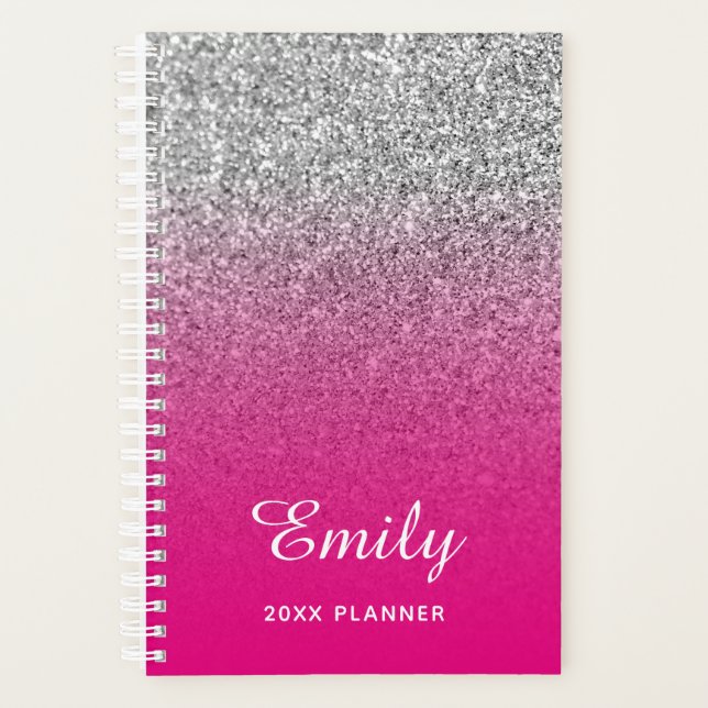 Hot Pink and Silver Glitter Ombre Personalised Planner (Front)