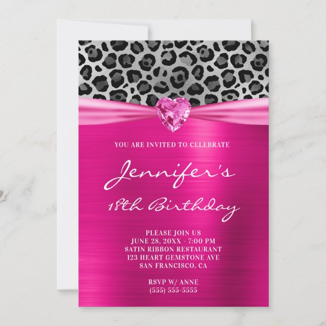 Hot Pink and Silver Leopard Foil 18th Birthday Invitation (Front)
