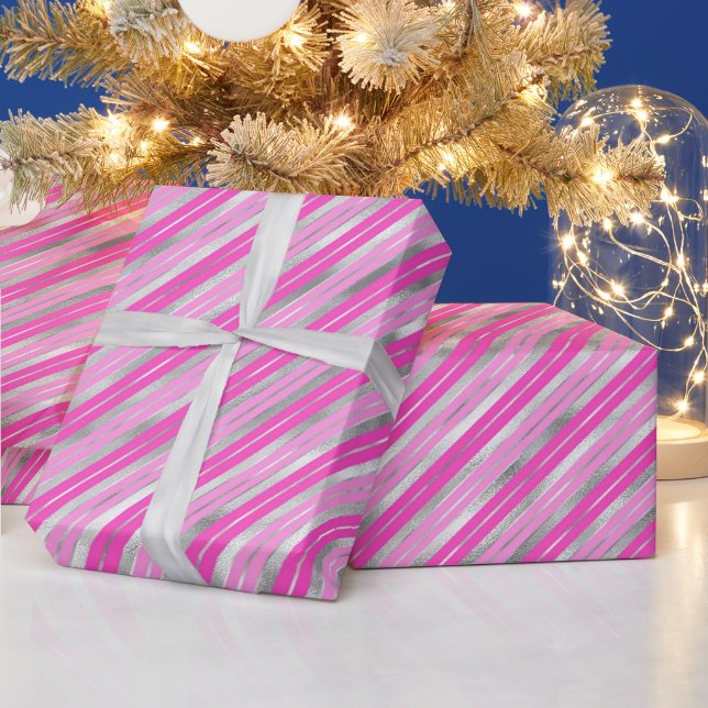 Hot Pink and Silver Stripes Wrapping Paper (Holidays)