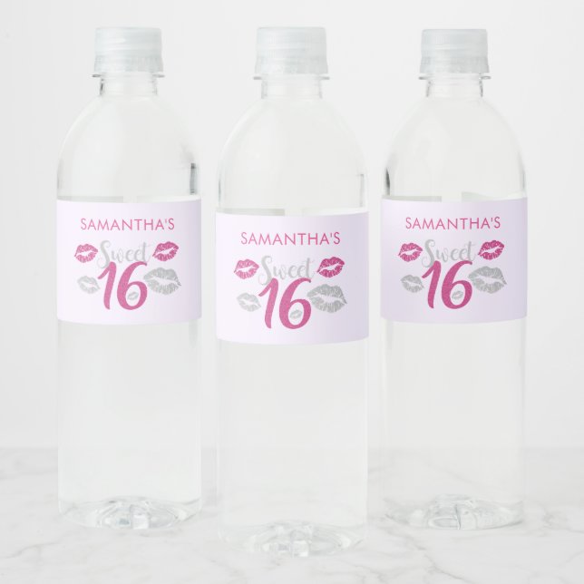 Hot Pink and Silver Sweet Sixteen Birthday Water Bottle Label (Bottles)
