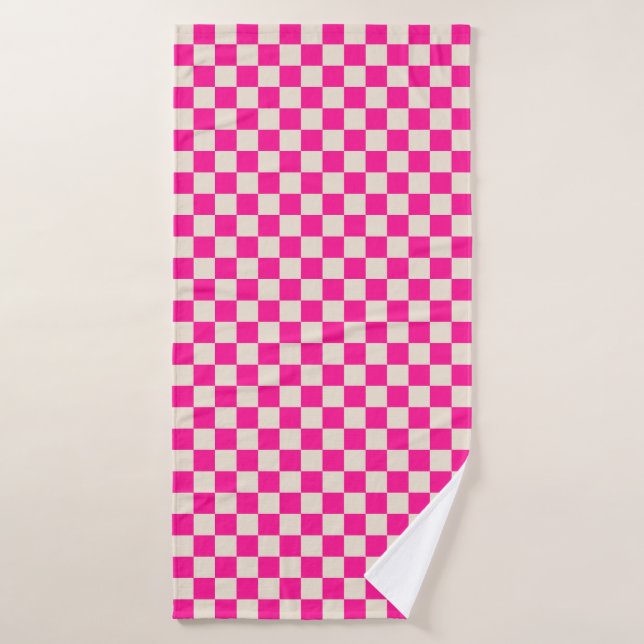 Hot pink and tan checkerboard pattern bath towel set (Bath Towel)