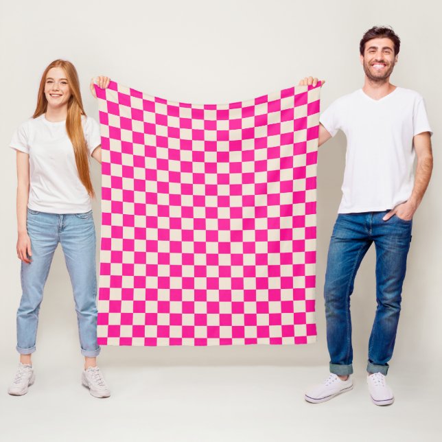 Hot pink and tan checkerboard pattern fleece blanket (In Situ)