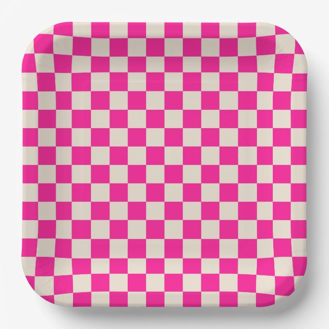 Hot pink and tan checkerboard pattern paper plate (Front)