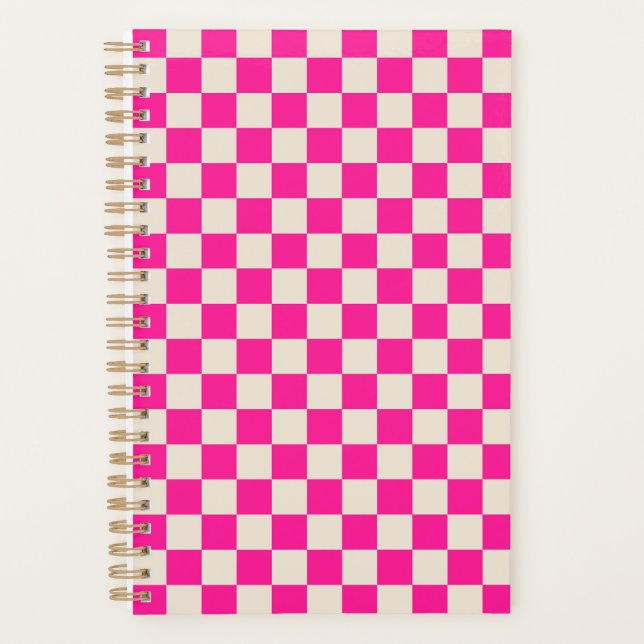 Hot pink and tan checkerboard pattern planner (Front)