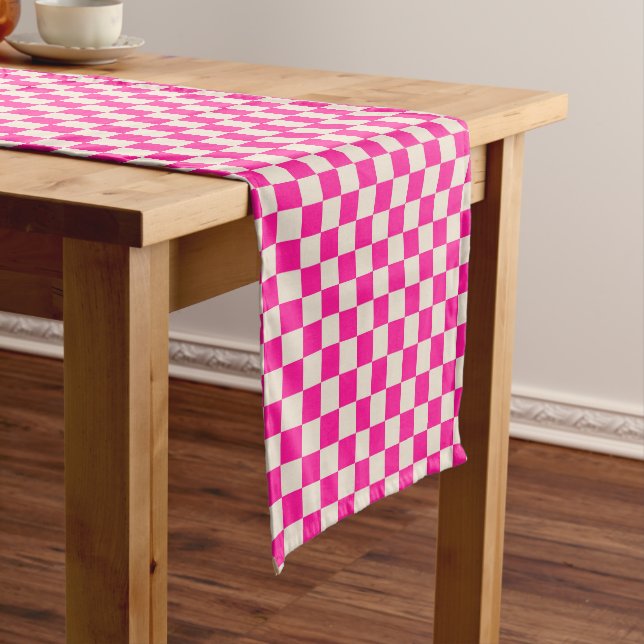 Hot pink and tan checkerboard pattern short table runner (In Situ)