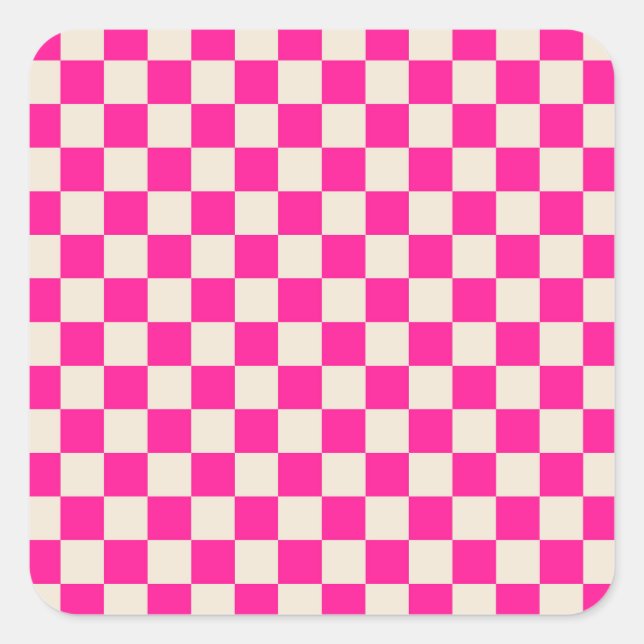 Hot pink and tan checkerboard pattern square sticker (Front)