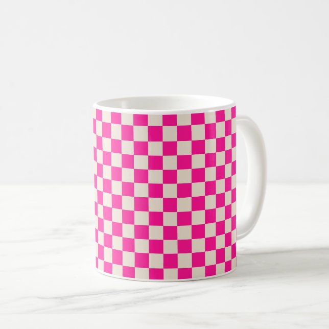 Hot pink and tan chequerboard pattern coffee mug (Front Right)