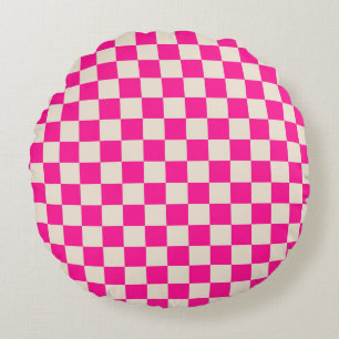 Hot pink and tan chequerboard pattern round cushion