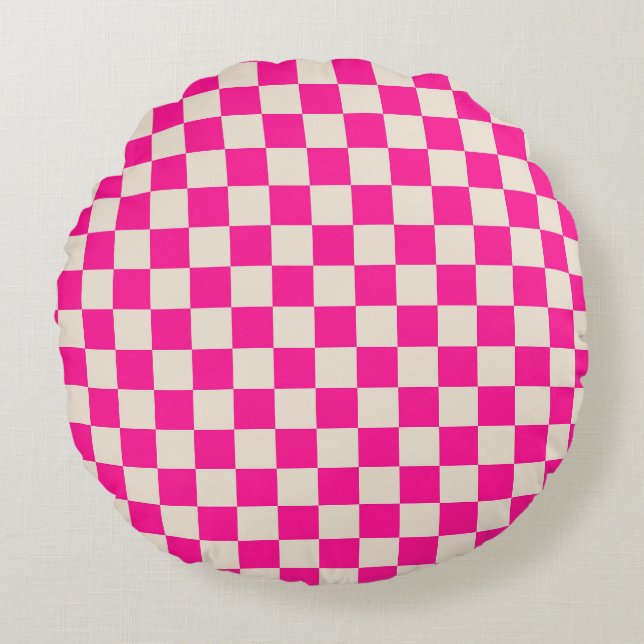 Hot pink and tan chequerboard pattern round cushion (Front)