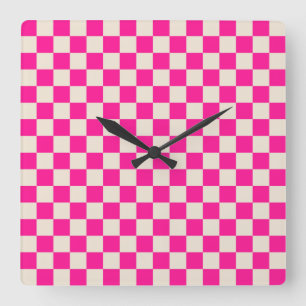 Hot pink and tan chequerboard pattern square wall clock