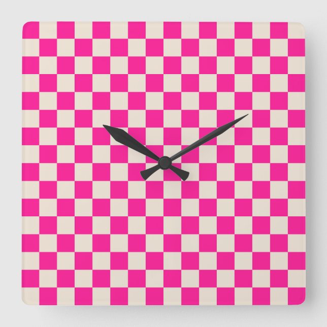 Hot pink and tan chequerboard pattern square wall clock (Front)