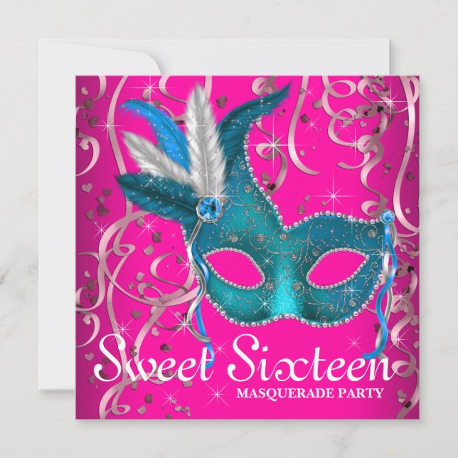 Hot Pink and Teal Blue Sweet Sixteen Party Invitation (Front)